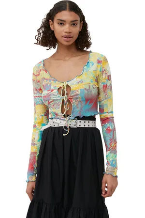 Ganni Printed Rib Jersey Cropped Bluse I Mixed Dame Størrelse 40 Elastan/Lyocell Langærmet