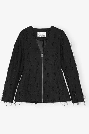 Ganni Fringed Tweed Blazer Dame Størrelse 42 Økologisk Bomuld/Polyester/Genanvendt Polyester