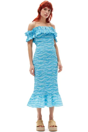 Ganni Printed Cotton Off-Shoulder Smock Midikjole I Dame Størrelse 34 Kortærmet/Uden Ærmer