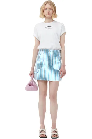 Ganni Striped Denim Mininederdel I White Dame Størrelse 44