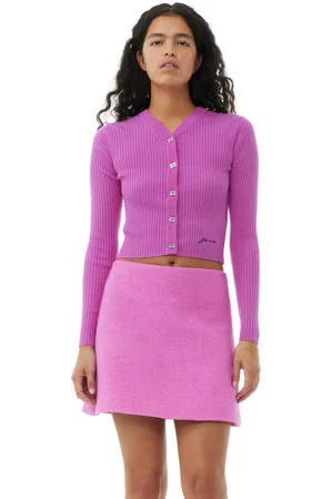 Ganni Pink Mini Ribbed Merino Cardigan I Dame Størrelse Xxs Merino Uld