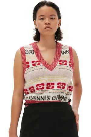 Ganni Logo Wool Mix Vest I Mixed Dame Størrelse Xxs Uden Ærmer