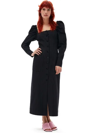 Ganni Stretch Striped Fitted Midikjole I Navy Dame Størrelse 52 Langærmet