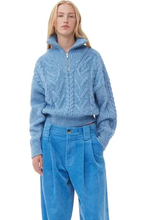 Ganni Blue Chunky Cable Zipper Bluse I Dame Størrelse Xxs Akryl/Alpaca/Økologisk Bomuld