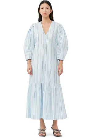 Ganni Striped Twill V-Neck Maxikjole I Blue Dame Størrelse 34 3/4 Sleeve