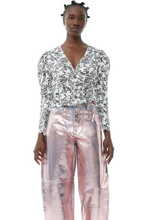 Ganni Floral Twill Wrap Bluse I White Dame Størrelse 34