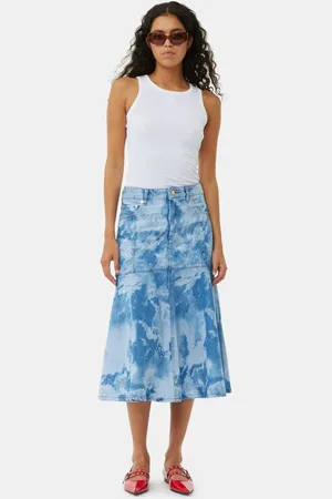 Ganni Blue Bleach Denim Flounce Midi Nederdel I Dame Størrelse 32