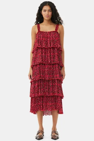 Ganni Red Pleated Georgette Flounce Strap Midikjole I Dame Størrelse 42 Genanvendt Polyester