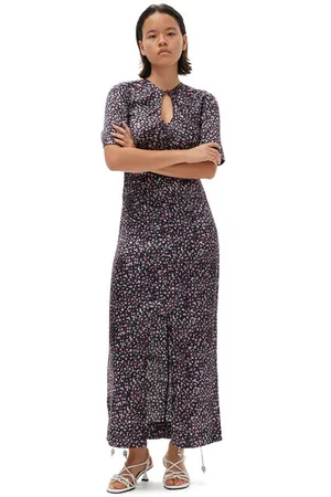 Ganni Silk Stretch Satin Maxikjole I Dame Størrelse 34 Elastan/Silke Kortærmet