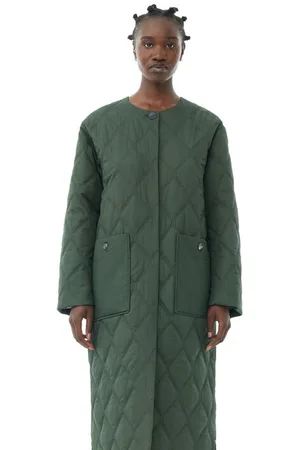 Ganni Green Quilt Long Frakke I Dame Størrelse S/M Genanvendt Polyamid