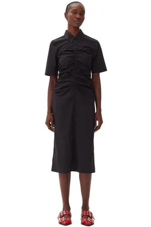 Ganni Cotton Poplin Gathered Midikjole Dame Størrelse 44
