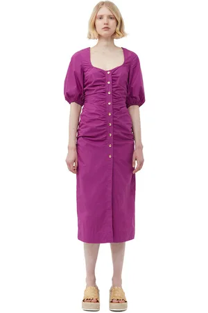 Ganni Cotton Poplin Gathered Open-Neck Maxikjole I Dame Størrelse 34 Kortærmet