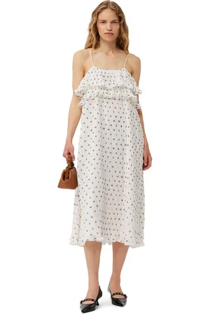 Ganni White Pleated Georgette Strap Midikjole Dame Størrelse 44 Genanvendt Polyester Med Stropper