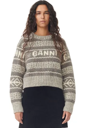 Ganni Grey Lambswool Cropped O-Neck Pullover I Dame Størrelse Xxs Økologisk Uld