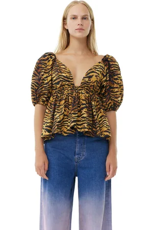 Ganni Animal Printed Cotton Bluse I Dame Størrelse 34