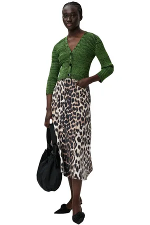 Ganni Green Cropped Melange Knit Cardigan Dame Størrelse S