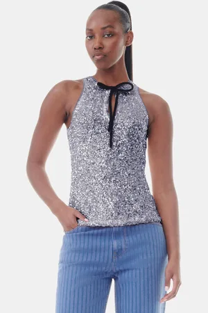 Ganni Silver 3D Sequins Top I Dame Størrelse 42