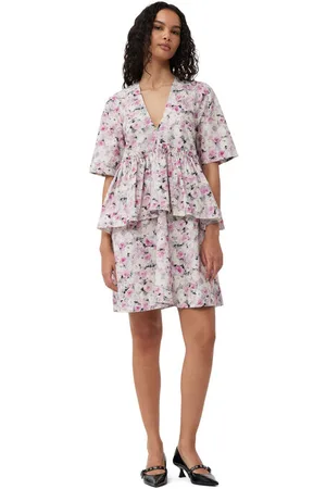 Ganni Printed Cotton Flounce Minikjole I Dame Størrelse 34
