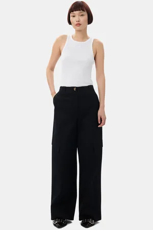 Ganni Black Herringbone Canvas Mid Waist Bukser Dame Størrelse 42