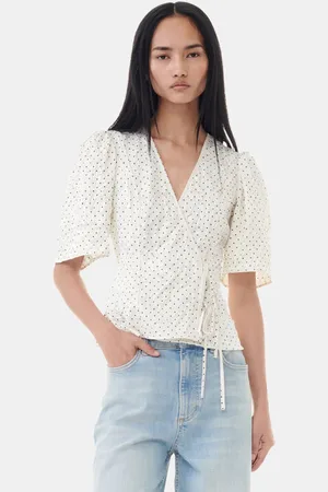 Ganni White Dotted Crinkled Satin Wrap Bluse Dame Størrelse 32