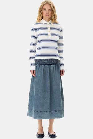 Ganni Blue Cotton Poplin Smock Nederdel I Navy Dame Størrelse 40