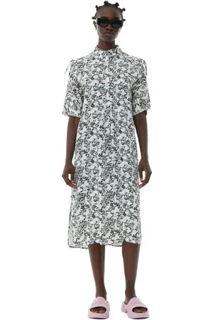 Ganni Floral Viscose Twill Oversized Shirt Kjole I White Dame Størrelse 36