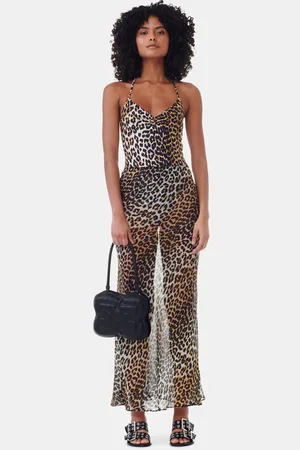 Ganni Leopard Printed Chiffon Nederdel I Dame Størrelse 38 Genanvendt Polyester