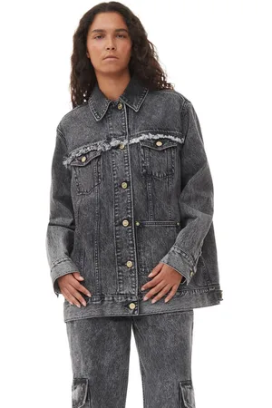 Ganni Snow Washed Oversized Denim Jakke I Black Dame Størrelse Xxs/Xs Langærmet