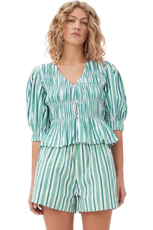 Ganni Green Striped V-Neckline Fitted Bluse I Dame Størrelse 36