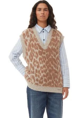 Ganni Leopard Jacquard Oversized Vest I Dame Størrelse Xxs/Xs Alpaca/Genanvendt Polyamid/Genanvendt Uld Uden Ærmer
