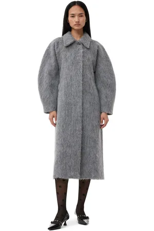 Ganni Grey Fluffy Wool Curved Sleeves Frakke I Dame Størrelse 38