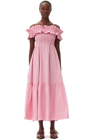 Ganni Pink Cotton Poplin Long Smock Kjole I Dame Størrelse 32