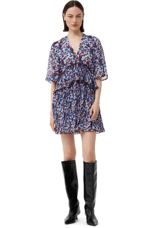 Ganni Pleated Georgette V-Neck Flounce Minikjole I Mixed Dame Størrelse 32 Genanvendt Polyester