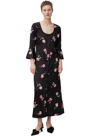 Ganni Crinkled Satin Long Kjole I Dame Størrelse 34 3/4 Sleeve Maxi