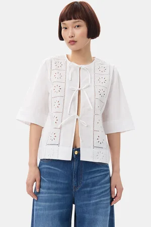 Ganni White Broderie Anglaise Tie Bluse Dame Størrelse 32