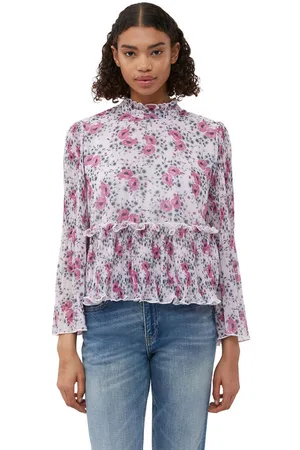 Ganni Pleated Georgette Bluse I Dame Størrelse 38 Genanvendt Polyester Kortærmet