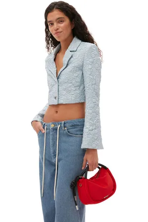 Ganni Stretch Jacquard Cropped Blazer I Dame Størrelse 34 Langærmet
