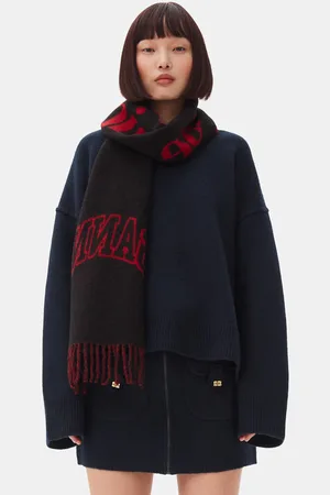 Ganni Red Fringed Wool Halstørklæde I Genanvendt Uld/Uld
