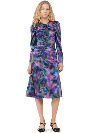 Ganni Purple Silk Satin O-Neck Midikjole I Dame Størrelse 36 Elastan/Silke Langærmet