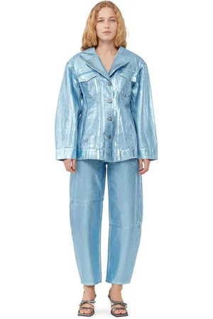 Ganni Blue Foil Denim Fitted Blazer Dame Størrelse 34 Langærmet