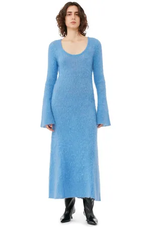 Ganni Blue Brushed Mohair Rib Maxikjole I Dame Størrelse L Mohair/Nylon/Uld Langærmet