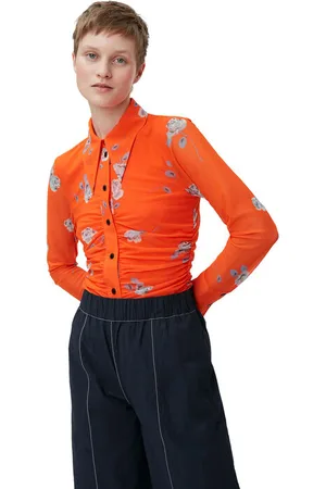 Ganni Orange Printed Mesh Ruched Skjorte I Dame Størrelse 32 Langærmet