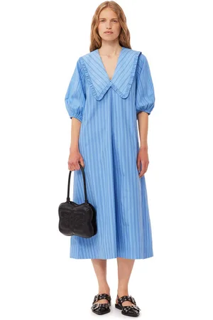 Ganni Re-Cut Striped Cotton V-Neck Maxikjole I Dame Størrelse 32