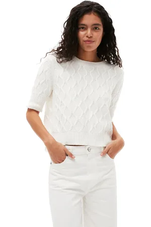 Ganni Cotton Cable Open Back Top I White Dame Størrelse Xl Kortærmet