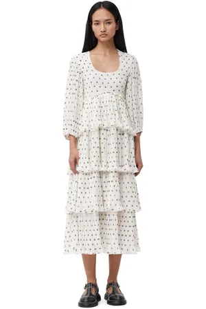 Ganni White Pleated Georgette Flounce Smock Midikjole Dame Størrelse 36 Genanvendt Polyester