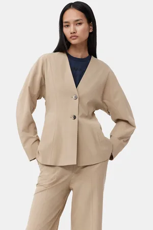 Ganni Beige Fitted Drapey Melange Blazer I Dame Størrelse 46