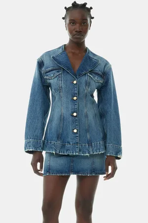 Ganni Sparkle Logo Denim Fitted Blazer I Dame Størrelse 32