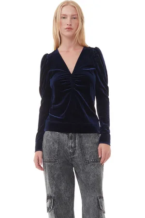 Ganni Blue Velvet Jersey V-Neck Bluse I Navy Dame Størrelse 38 Langærmet