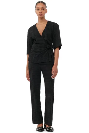 Ganni Black Stretch Seersucker Cropped Bukser Dame Størrelse 36 Elastan/Nylon/Genanvendt Polyester