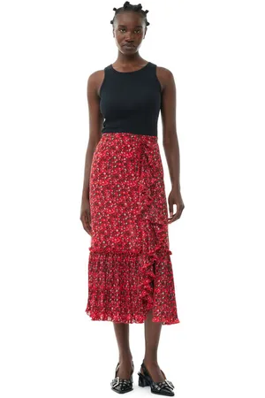 Ganni Red Pleated Georgette Flounce Midinederdel I Dame Størrelse 32 Genanvendt Polyester